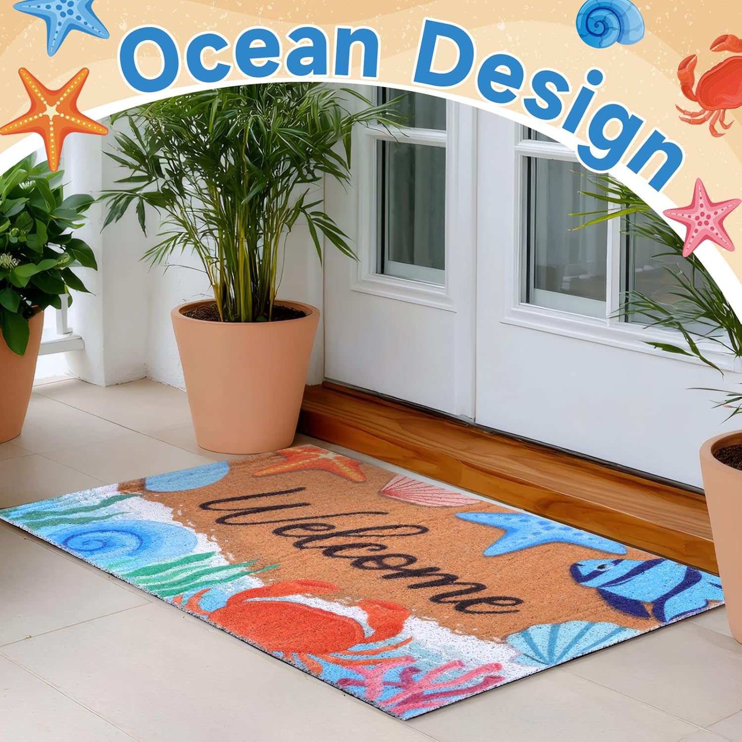 Booson 2 Pcs Welcome Mat Front Door Coastal Beach Coir Doormat Starfish Seashell Non Slip Entrance Door Rugs for Summer Outdoor Indoor Holiday Home Bathroom Decoration 29.5 x 15.8 inch