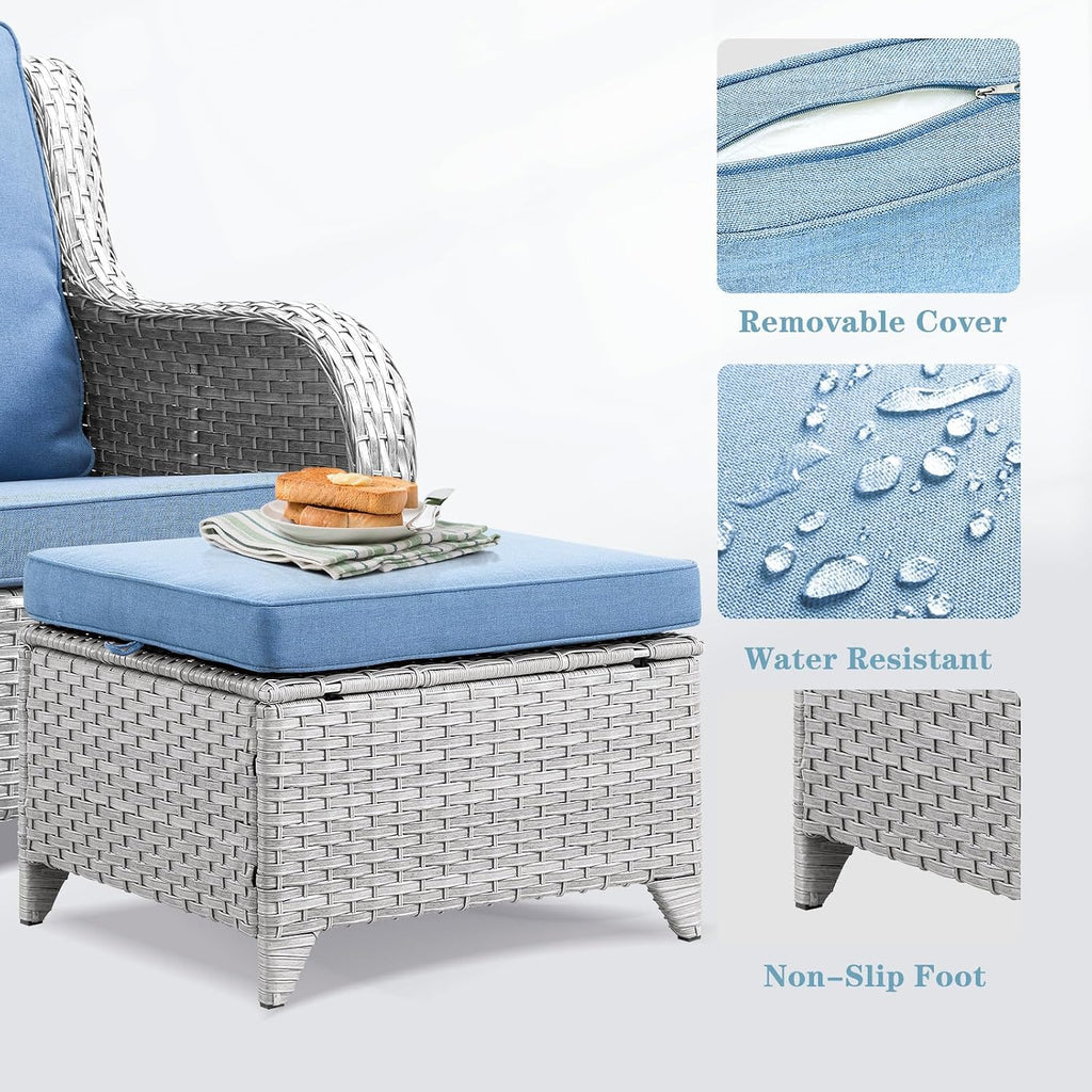 Wicker Outdoor Ottomans Set of 2 - Handwoven Rattan Outdoor Footrests for Patio, All Weather Footstools with Removable Cushions for Porch, Balcony, Deck & Garden - Light Gray/Baby Blue