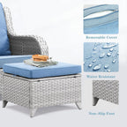 Wicker Outdoor Ottomans Set of 2 - Handwoven Rattan Outdoor Footrests for Patio, All Weather Footstools with Removable Cushions for Porch, Balcony, Deck & Garden - Light Gray/Baby Blue