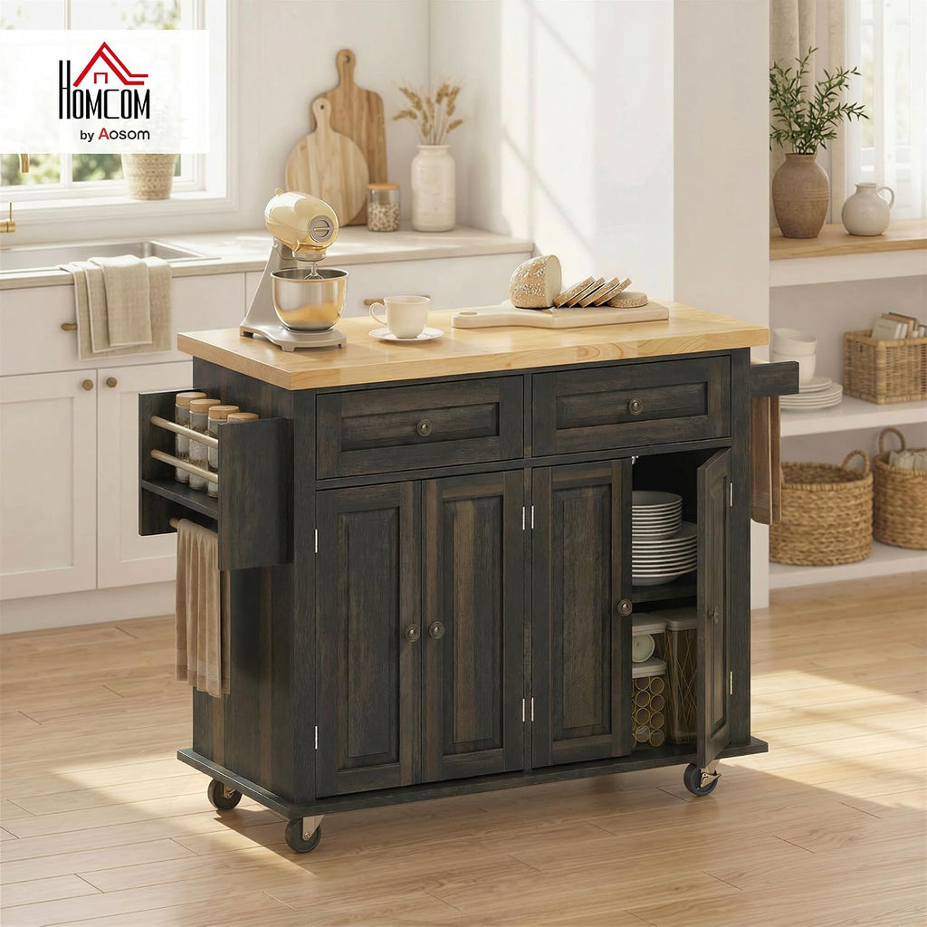 HOMCOM Kitchen Island Cart with Solid Wood Top 44" Mobile Brown Oak | Kitchen Island Table, on Wheels, Storage Cabinets, 2 Drawers, Adjustable Shelves, Spice Rack & Towel Bar, for Dining Room