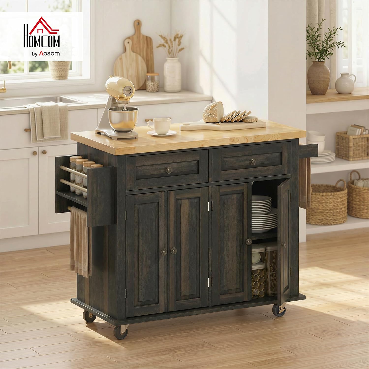 HOMCOM Kitchen Island Cart with Solid Wood Top 44" Mobile Brown Oak | Kitchen Island Table, on Wheels, Storage Cabinets, 2 Drawers, Adjustable Shelves, Spice Rack & Towel Bar, for Dining Room