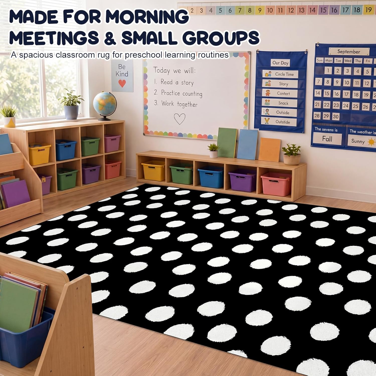 Nuanchu Large Polka Dot Classroom Rug 6.5 x 12.1 ft Black and White Classroom Carpet with Rubber Backing Non-Slip First Day of School Rugs for Playroom Nursery Preschool
