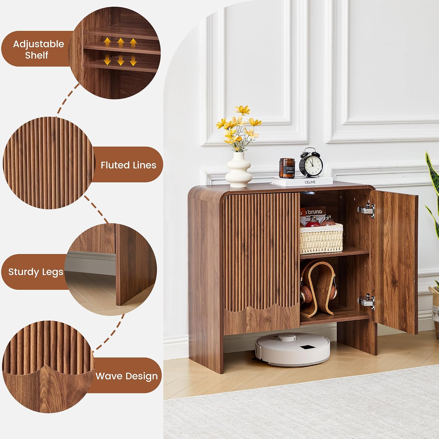 FurSch Fluted Sideboard Buffet Cabinet, Mid Century Modern Storage Cabinet with Curved Edge and Adjustable Shelf for Kitchen Dining Room Living Room (Walnut-Wave, 2 Doors*1 pc)