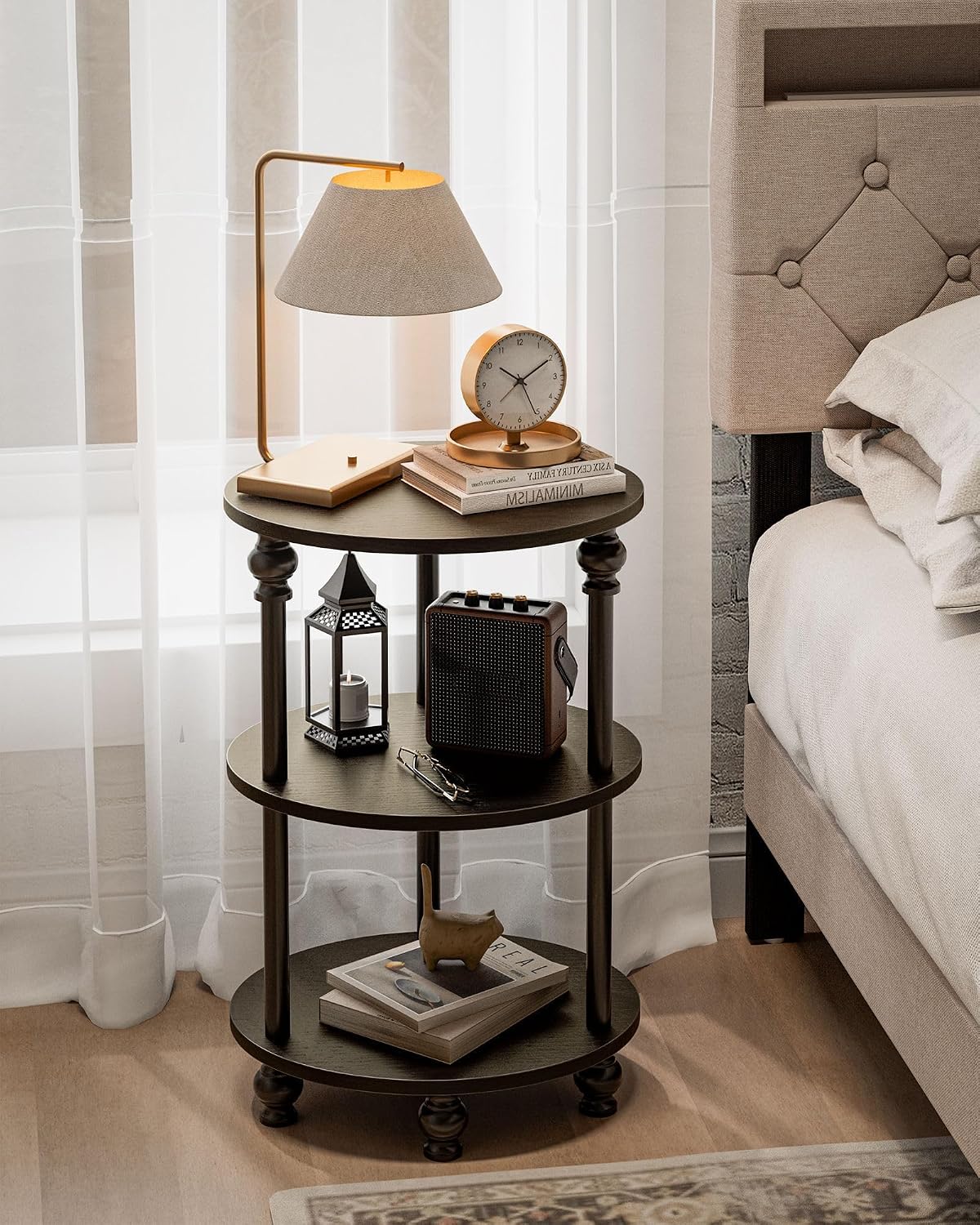 Small Round Side Table - 3 Tier Accent End Table for Narrow Spaces, Sturdy Metal Frame with Wood Finish and 44 Lbs Capacity per Shelf, Nightstand or Bedside Use for Living Room, Black