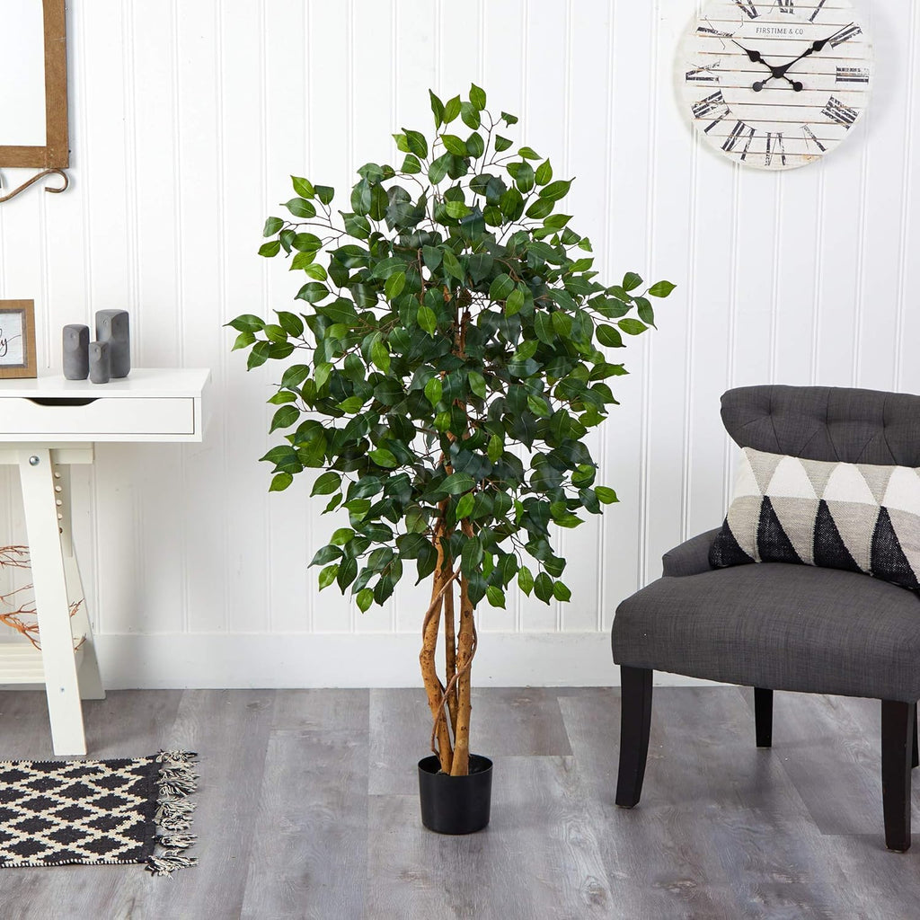 Nearly Natural 4ft Triple Trunk Ficus Silk Tree with Natural Wood Trunks and Dense Foliage, Mid-Size Faux Floor Plant for Home and Office