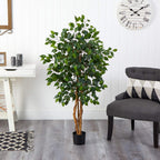 Nearly Natural 4ft Triple Trunk Ficus Silk Tree with Natural Wood Trunks and Dense Foliage, Mid-Size Faux Floor Plant for Home and Office