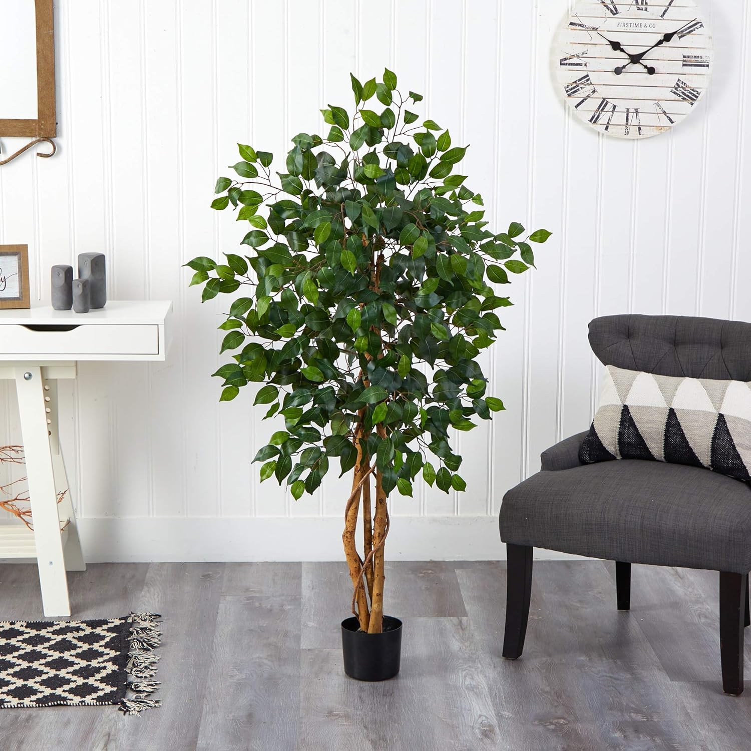 Nearly Natural 4ft Triple Trunk Ficus Silk Tree with Natural Wood Trunks and Dense Foliage, Mid-Size Faux Floor Plant for Home and Office