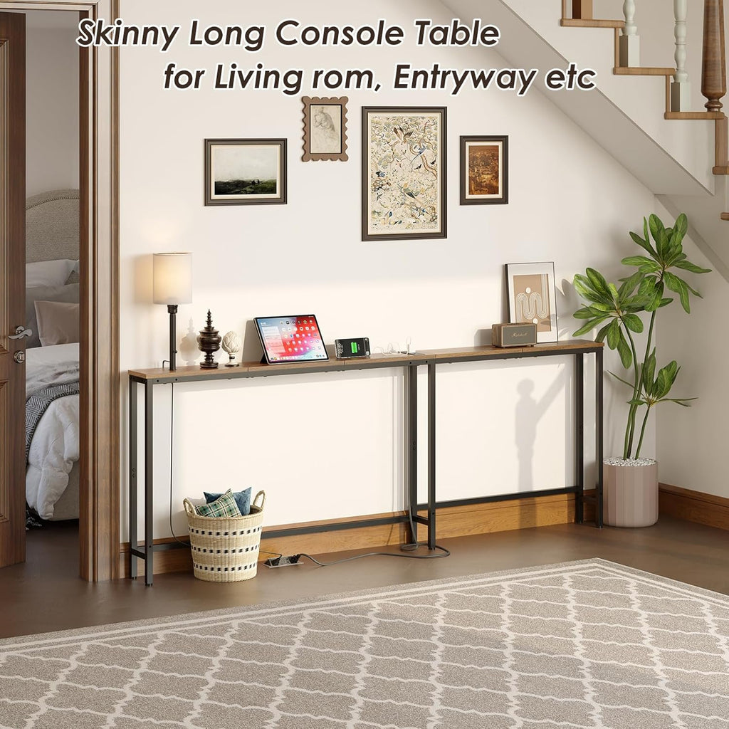 X-cosrack 78.8" Long Narrow Sofa Table with Outlet & LED Bulb, L Shaped Skinny Corner Console Table Behind Couch, Slim Sofa Table wtih 3 Color Light for Living Room, Bedroom, Entryway, Rustic Brown