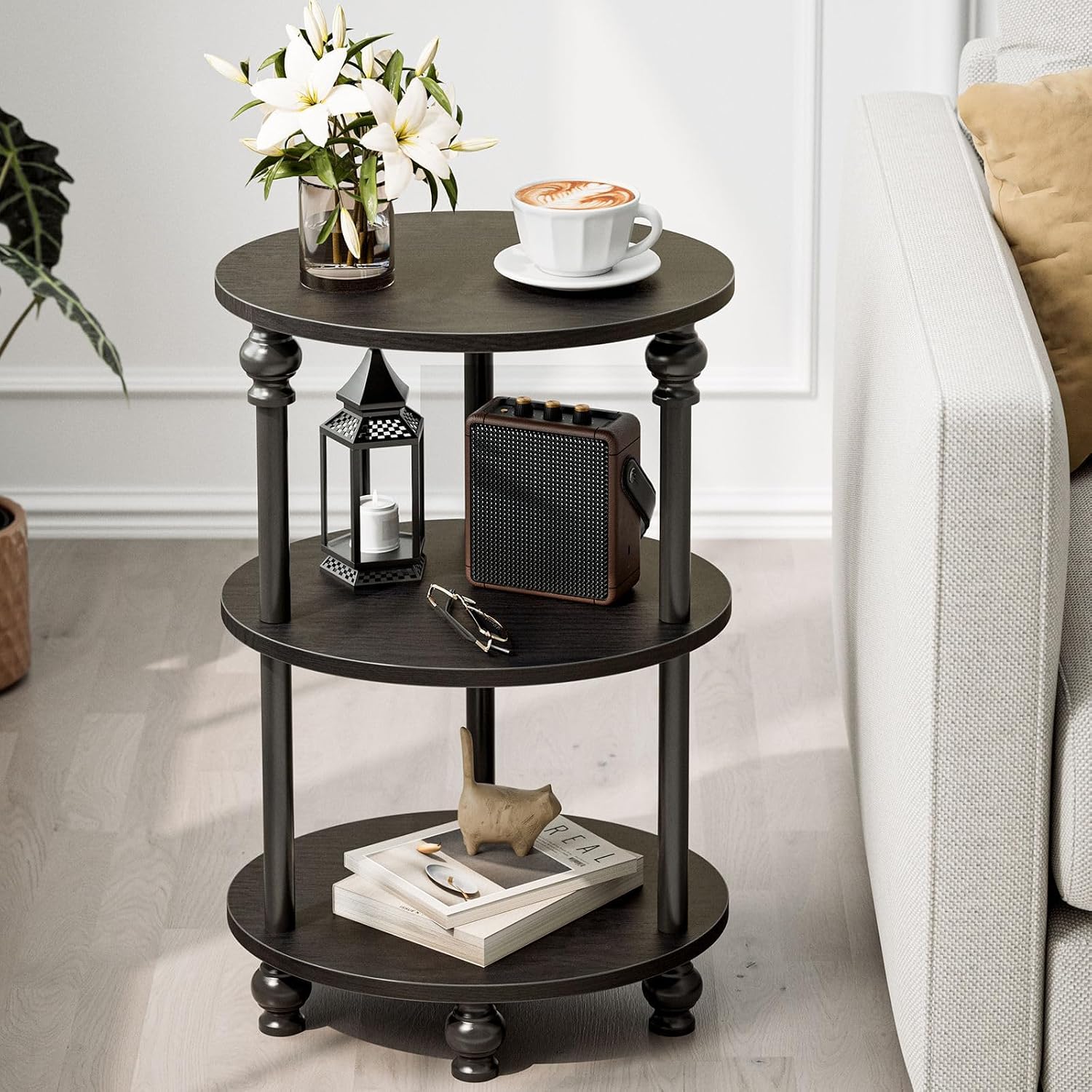 Small Round Side Table - 3 Tier Accent End Table for Narrow Spaces, Sturdy Metal Frame with Wood Finish and 44 Lbs Capacity per Shelf, Nightstand or Bedside Use for Living Room, Black