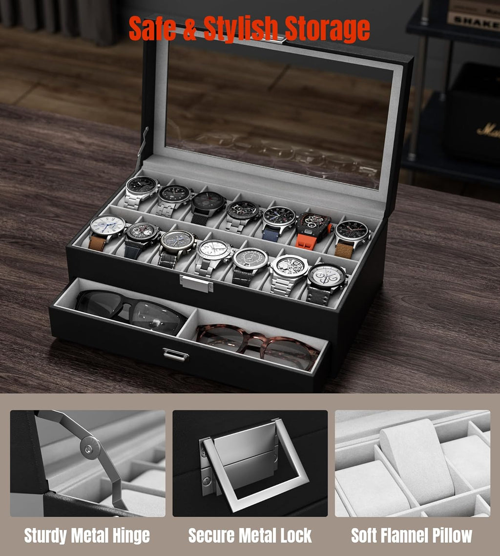 Watch Case Box for Men - 14 Slots Watch Display Organizer with Glass Lid, Double Layer PU Leather Jewelry Storage with Drawer, Gift for Husband Boyfriend Dad, Black