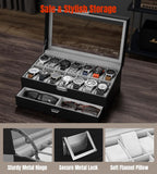 Watch Case Box for Men - 14 Slots Watch Display Organizer with Glass Lid, Double Layer PU Leather Jewelry Storage with Drawer, Gift for Husband Boyfriend Dad, Black