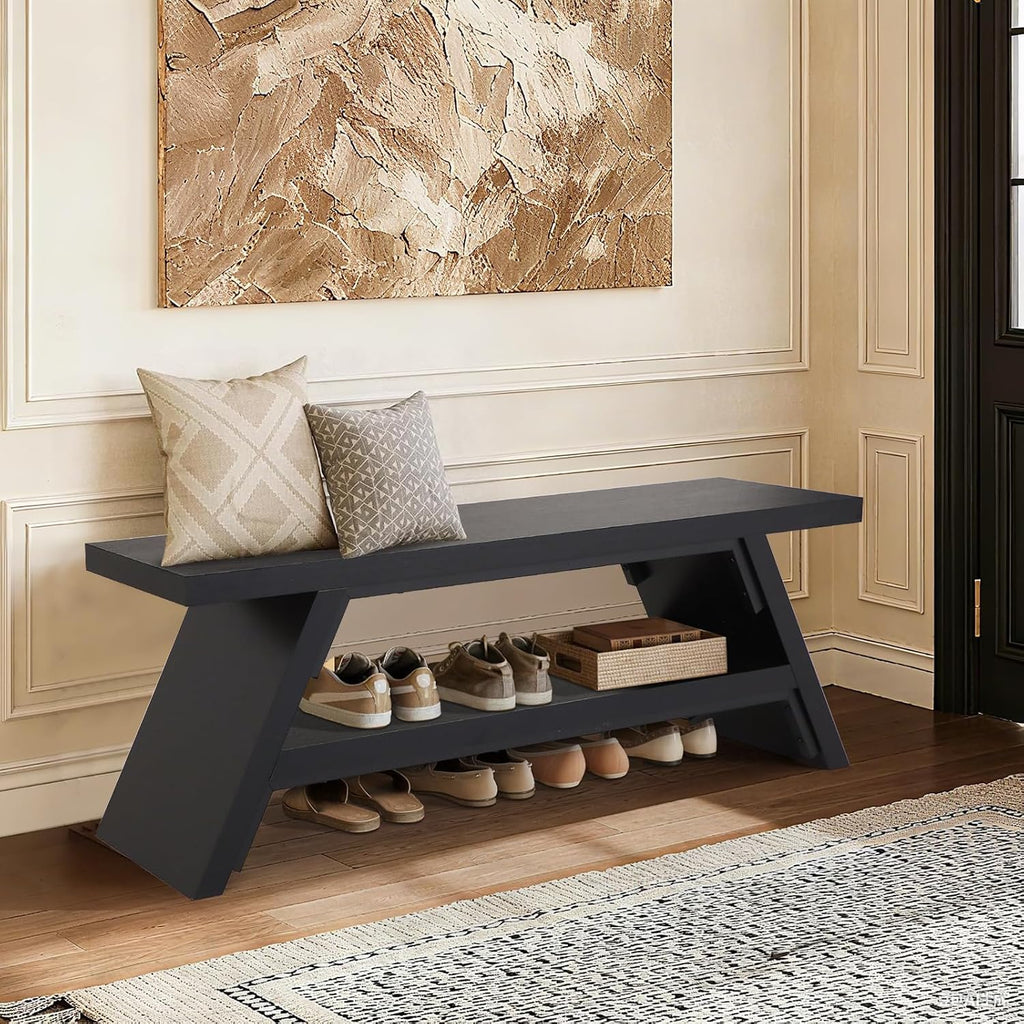2-Tier Shoe Bench,Entryway Shoe Storage Bench,Modern Narrow Bench for Entryway, Kitchen, Bedroom, Dining（Black）