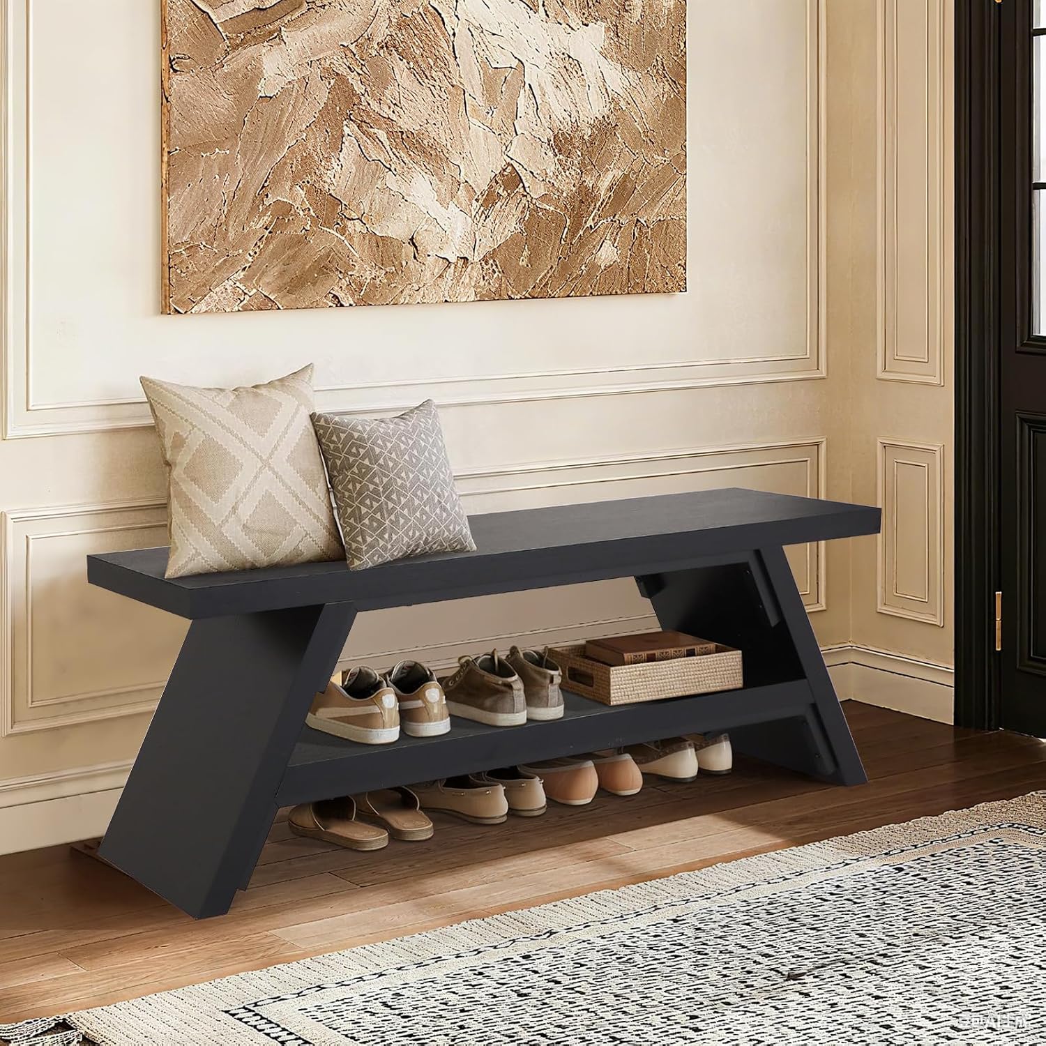 2-Tier Shoe Bench,Entryway Shoe Storage Bench,Modern Narrow Bench for Entryway, Kitchen, Bedroom, Dining（Black）