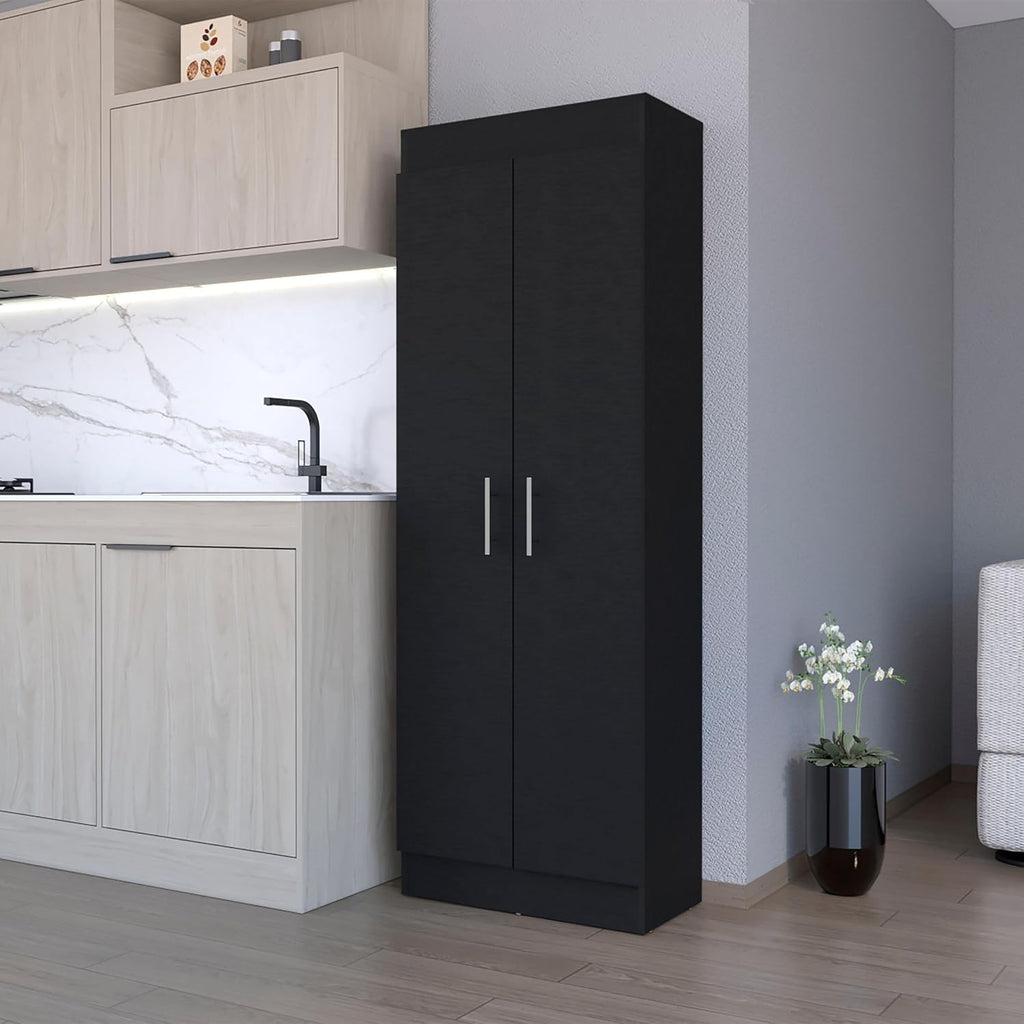 23.6" D*11.9" W*66.8" H Freestanding Kitchen Pantry with 4 Shelves, Double Door, Rectangular Wood Storage Cabinet, Traditional, for Living Room, Dining Room, Black