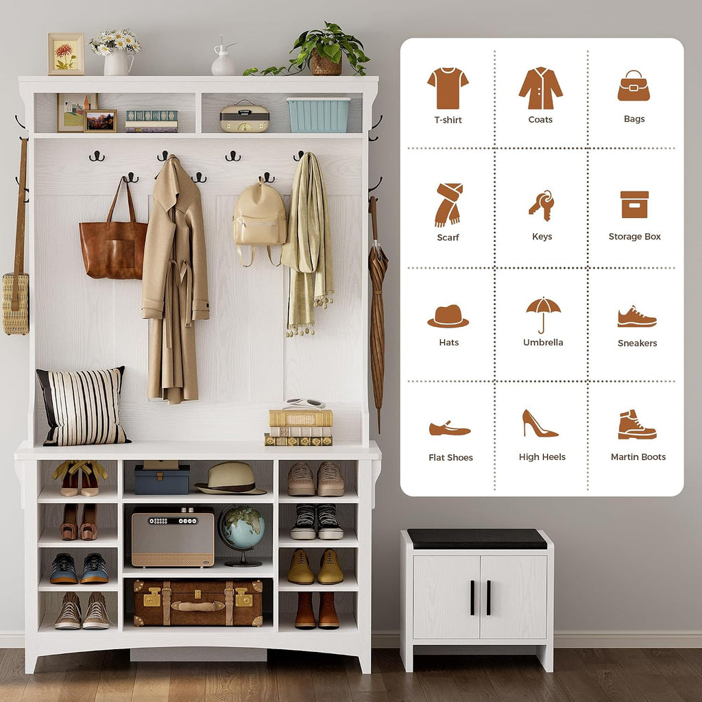 IRONCK 80" H 47" W Large Hall Tree with Bench and Shoe Storage, 6-in-1 Entryway Bench with Coat Rack, Adjustable Shelf, Hanging Hooks, 11 Shoe Cubby, 2 Tier Top Storage for Entryway and Bedroom, White