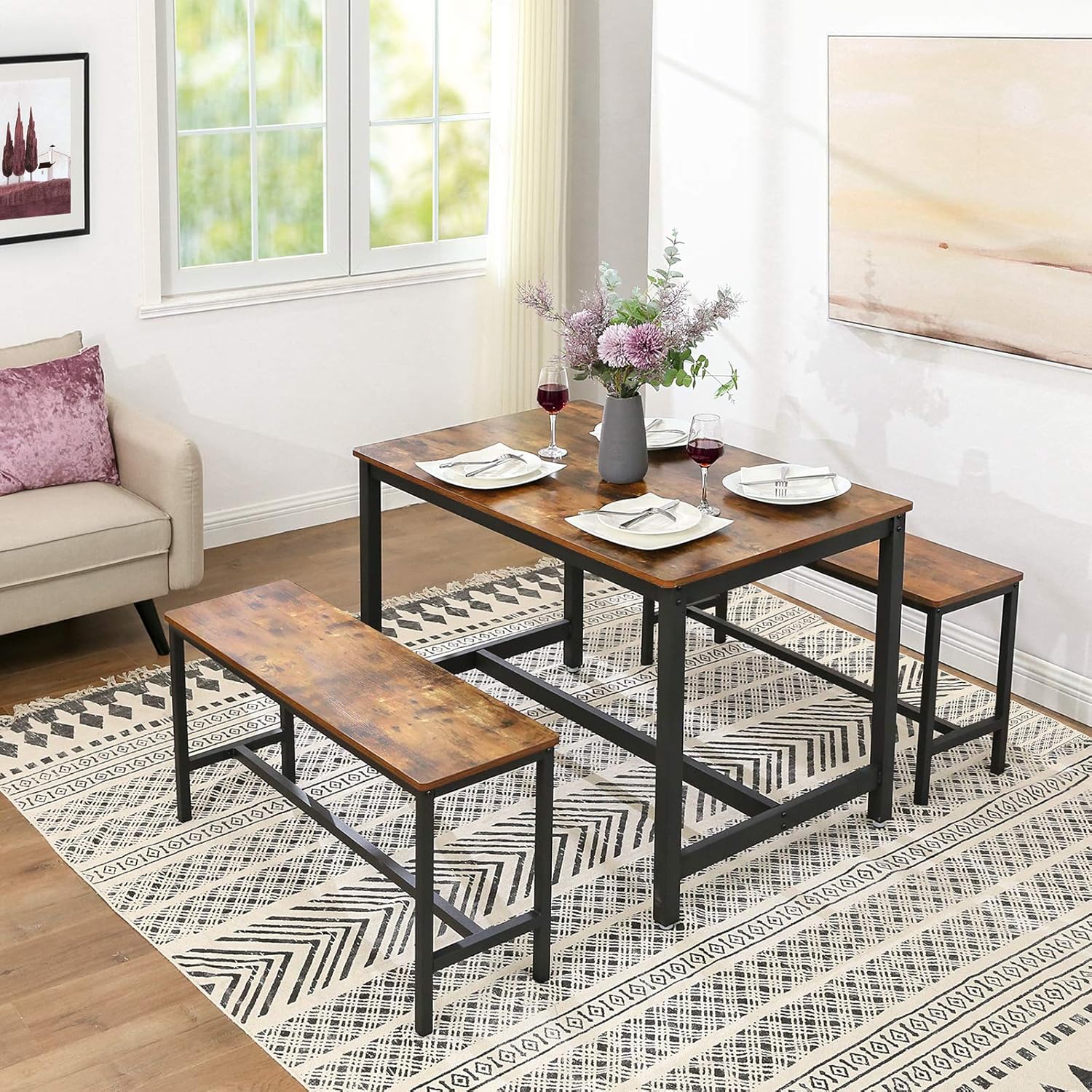 VASAGLE Dining Bench, Pair of 2, Industrial Style, Steel Frame, for Kitchen, Living Room, 12.8 x 42.5 x 19.7 Inches, Rustic Brown + Black，UKTB33X