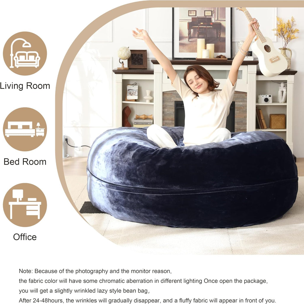 Bean Bag Chair for Adults Soft Comfy Bean Bag for Adults, Cozy Reading Chair, Large Round Bean Bag Couch, Versatile Living Room & Bedroom Chairs (Blue, 5FT)