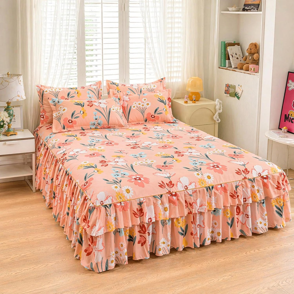 3-Piece Ruffled Bed Skirt Set with Floral Print, Elegant Soft Microfiber Bedding Sheet Double Layer Ruffles Set with 1 Bed Skirt 2 Pillowcases Bedroom Decor for Various Bed Types (Pink,60 * 80in)