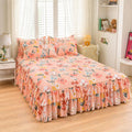 3-Piece Ruffled Bed Skirt Set with Floral Print, Elegant Soft Microfiber Bedding Sheet Double Layer Ruffles Set with 1 Bed Skirt 2 Pillowcases Bedroom Decor for Various Bed Types (Pink,60 * 80in)