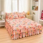 3-Piece Ruffled Bed Skirt Set with Floral Print, Elegant Soft Microfiber Bedding Sheet Double Layer Ruffles Set with 1 Bed Skirt 2 Pillowcases Bedroom Decor for Various Bed Types (Pink,60 * 80in)