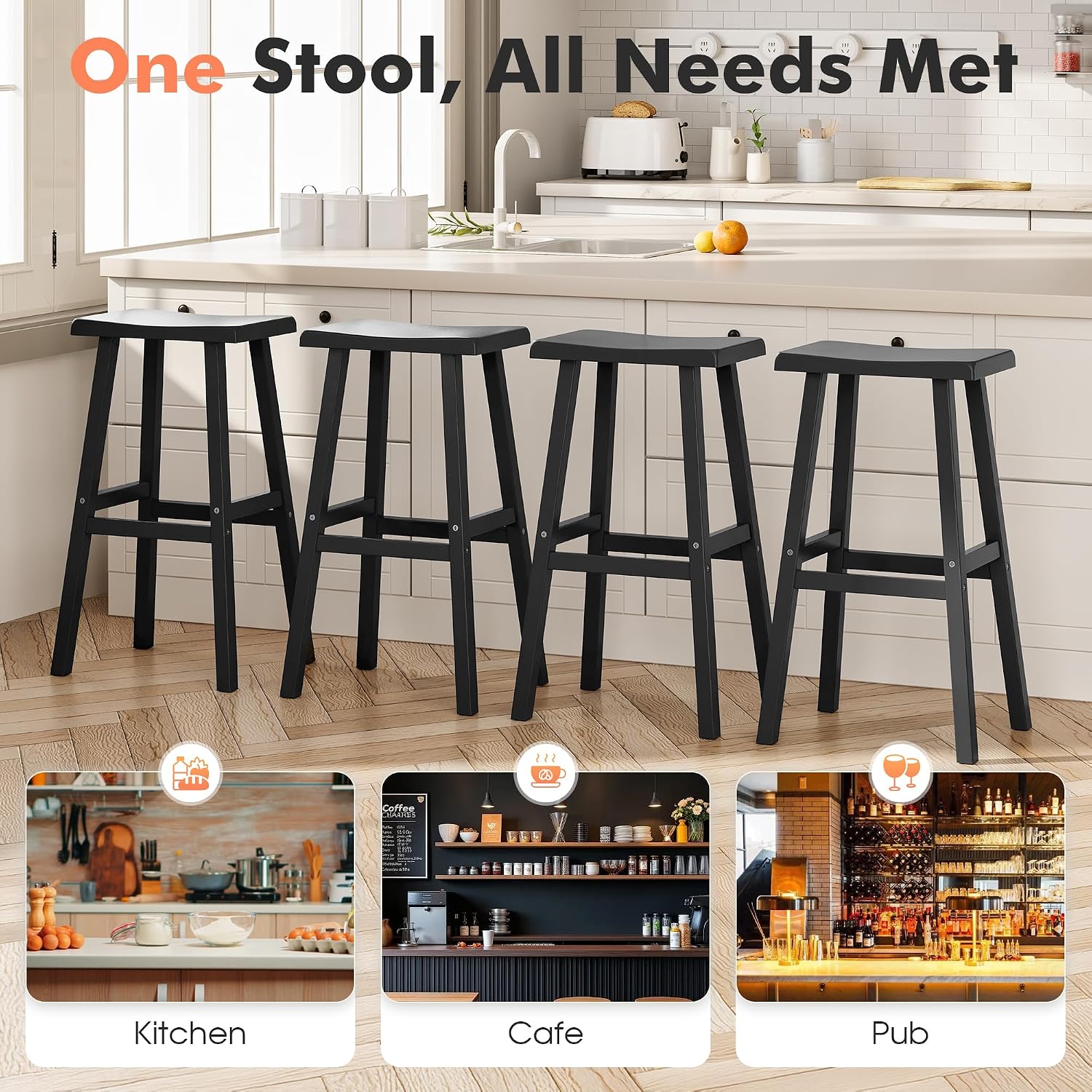 KAMABOKO 4 Set 29" HDPE Bar Stools Set Outdoor, Durable Resin Bar Chairs with Footrest, Weatherproof & Ergonomic Barstools for Patio, Deck & Poolside, Black