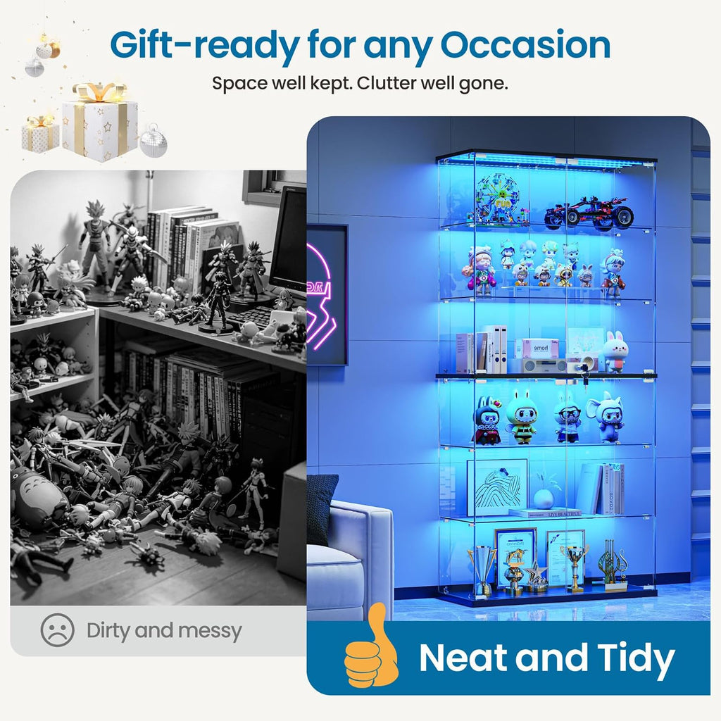 Dystler Display Cabinet with Glass Doors, 70" Tall Clear Curio Cabinet with RGB LED Lights for Collectibles, Figures, Lighted 6-Tier Glass Display Case for Living Room, Black