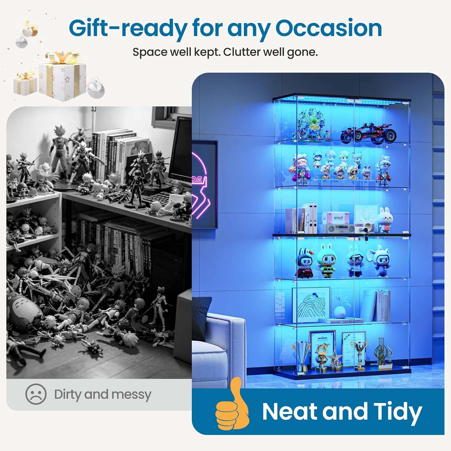 Dystler Display Cabinet with Glass Doors, 70" Tall Clear Curio Cabinet with RGB LED Lights for Collectibles, Figures, Lighted 6-Tier Glass Display Case for Living Room, Black