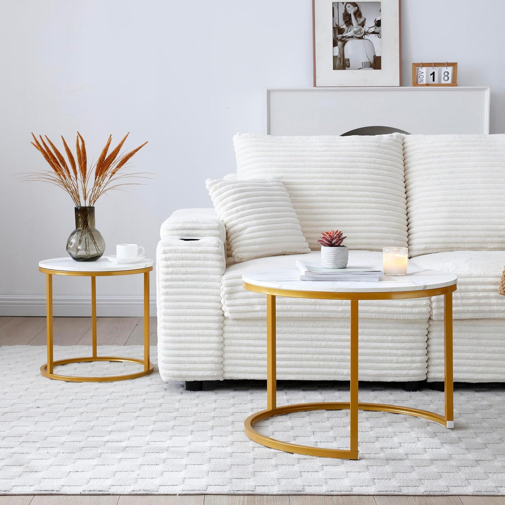 Nesting Coffee Table, Round Coffee Tables with White and Gray Marble Pattern Top and Golden Metal Frame, Coffee Table End Table Side Table Set of 2 for Living Room Bedroom