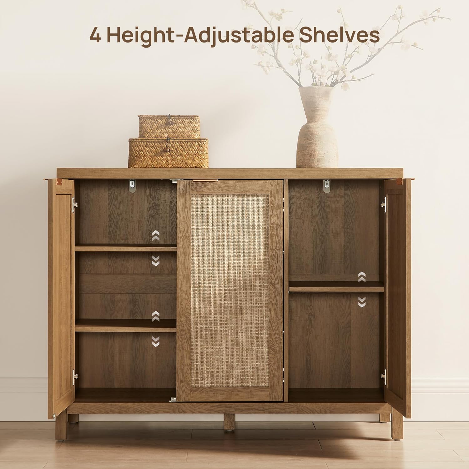 SICOTAS Rattan Buffet Cabinet with Storage 43.5" Sideboard Cabinet with 3 Doors & Adjustable Shelves Wood Sideboard Credenza Storage Cabinets for Entryway Living Room Reclaimed Caramel Oak