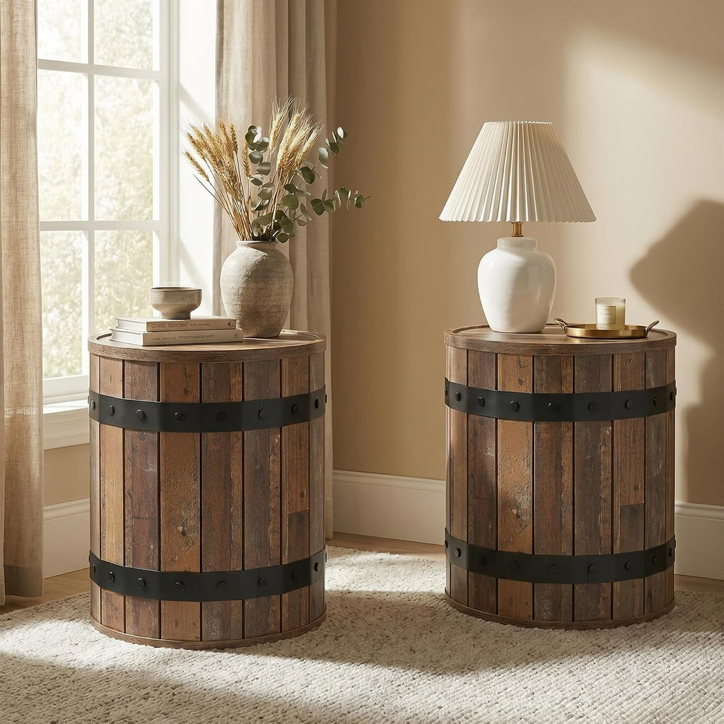 Tribesigns Round End Table with Hidden Storage, 19.68" Barrel Side Table, Farmhouse Wood End Table with Removable Lid, Sofa Side Bedside Nightstand for Living Room, Rustic Brown