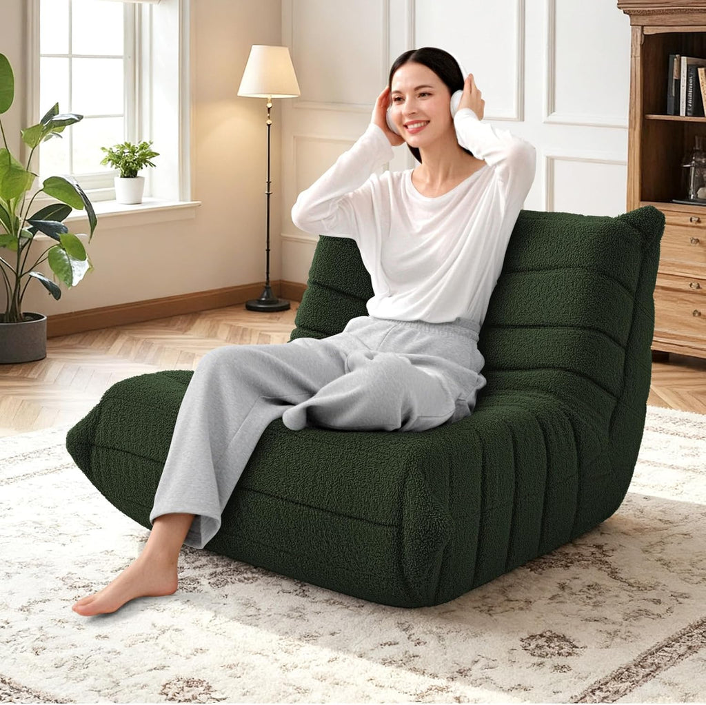 HABUTWAY Bean Bag Chairs Fireside Lazy Floor Sofa, Soft Teddy Fleece Bean Bag Sofa with High-Resilience Foam Filling，Beanbag for Living Room, Bedroom, Office (Green Teddy)
