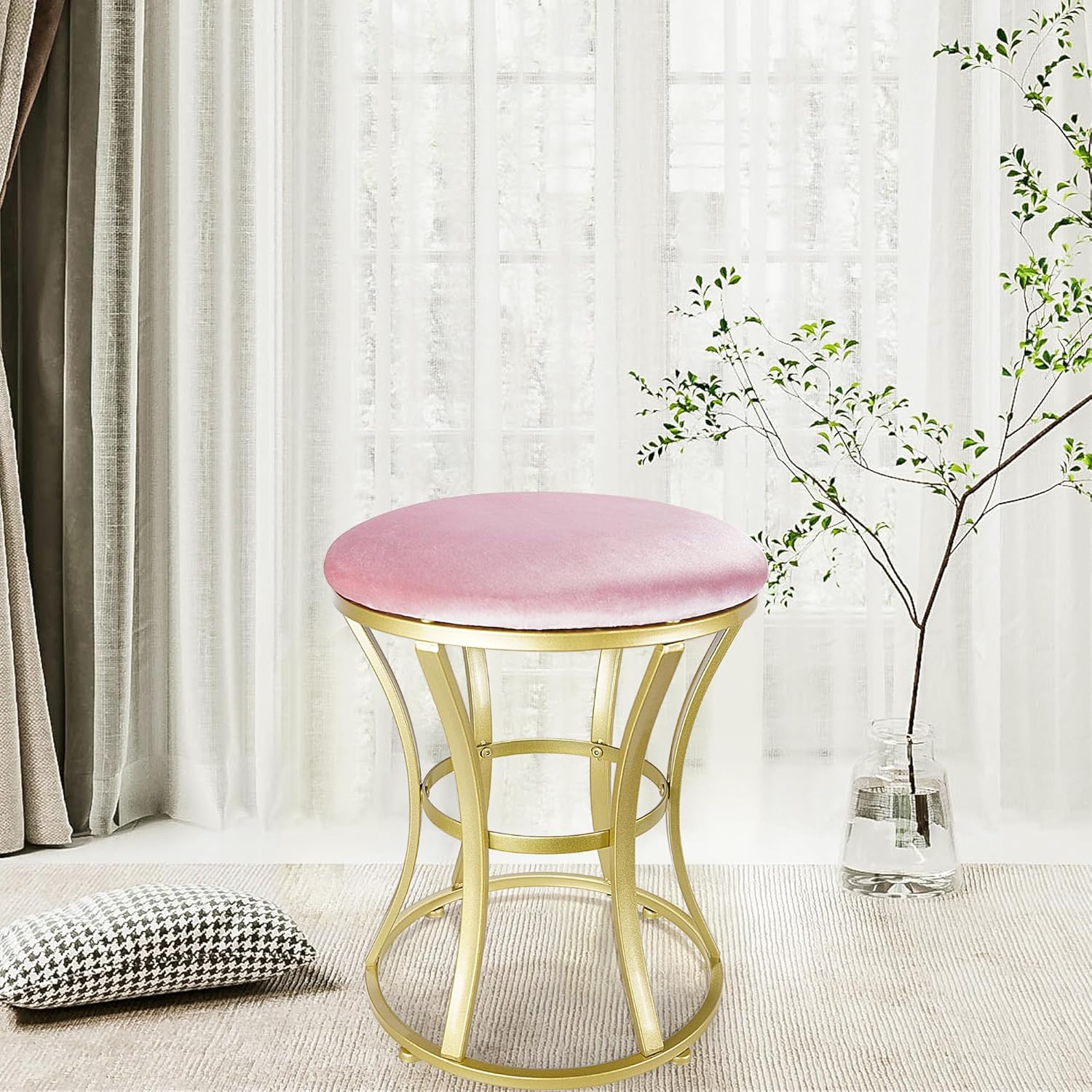 Velvet Round Vanity Stool Chair,Pink Velvet Footrest Ottoman Foot Stool Seat with Golden Metal Legs,Makeup Chair for Bathroom Vanity,Bedroom,Living Room