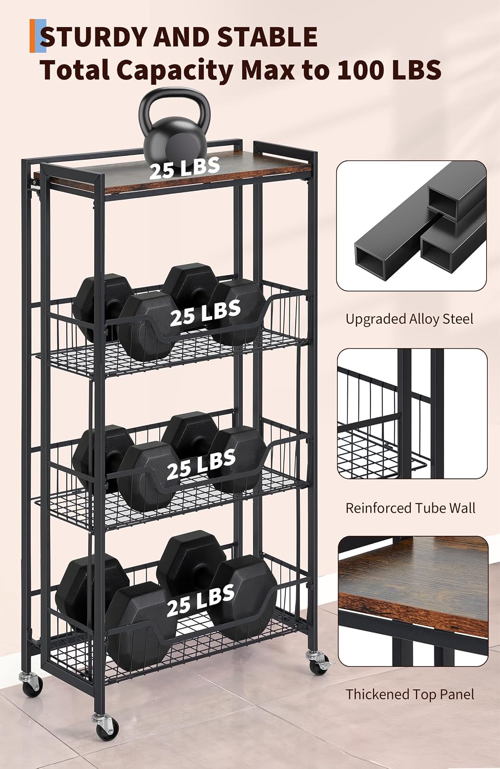 Garvee Large 4-Tier Foldable Storage Cart with Lockable Caster - 100Lbs Loading Capacity, Expandable Kitchen Organizer Storage Island, Heavy Duty Garage Shelving, Easy Foldable No Assembly Required