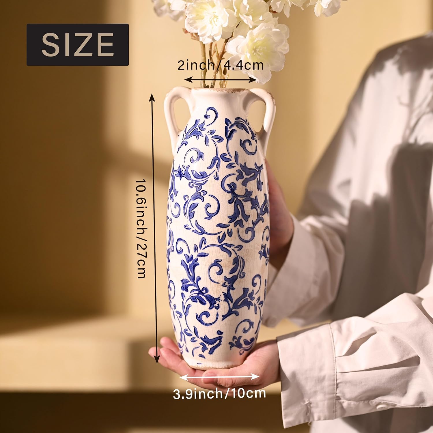 VICTOR & TERESA Blue and White Floor Vase for Pampas Grass, 11'' Tall Vase for Home Decor, Ceramic Farmhouse Decorative Large Vases for Flower, Mantel, Living Room, Shelf, Centerpieces, Gift for Mom