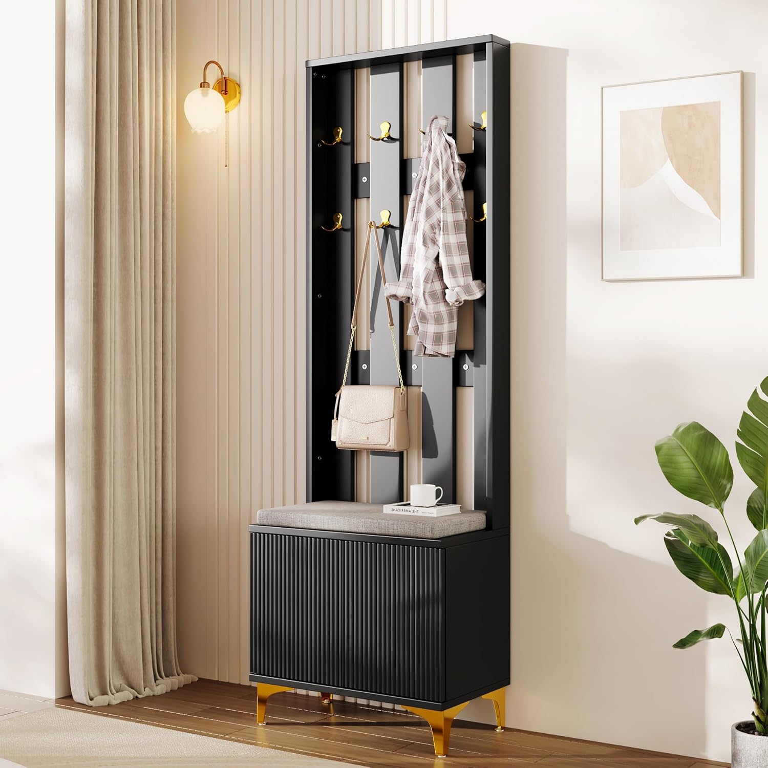 Stylish Multifunctional Entryway Wardrobe Set Black Shoe Bench with Hooks Push to Open Door Adjustable Shelves Wave Pattern Cabinet Leatherette Cushion Gold Metal Legs Vertical STO
