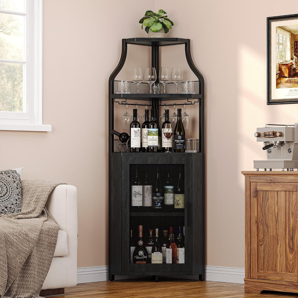 IDEALHOUSE Corner Bar Wine Cabinet with Glass Holder Wine Bar Rack Cabinet with Mesh Door & Glass Holder,Industrial Liquor Cabinet for Home, Kitchen, Dinning Room,Black