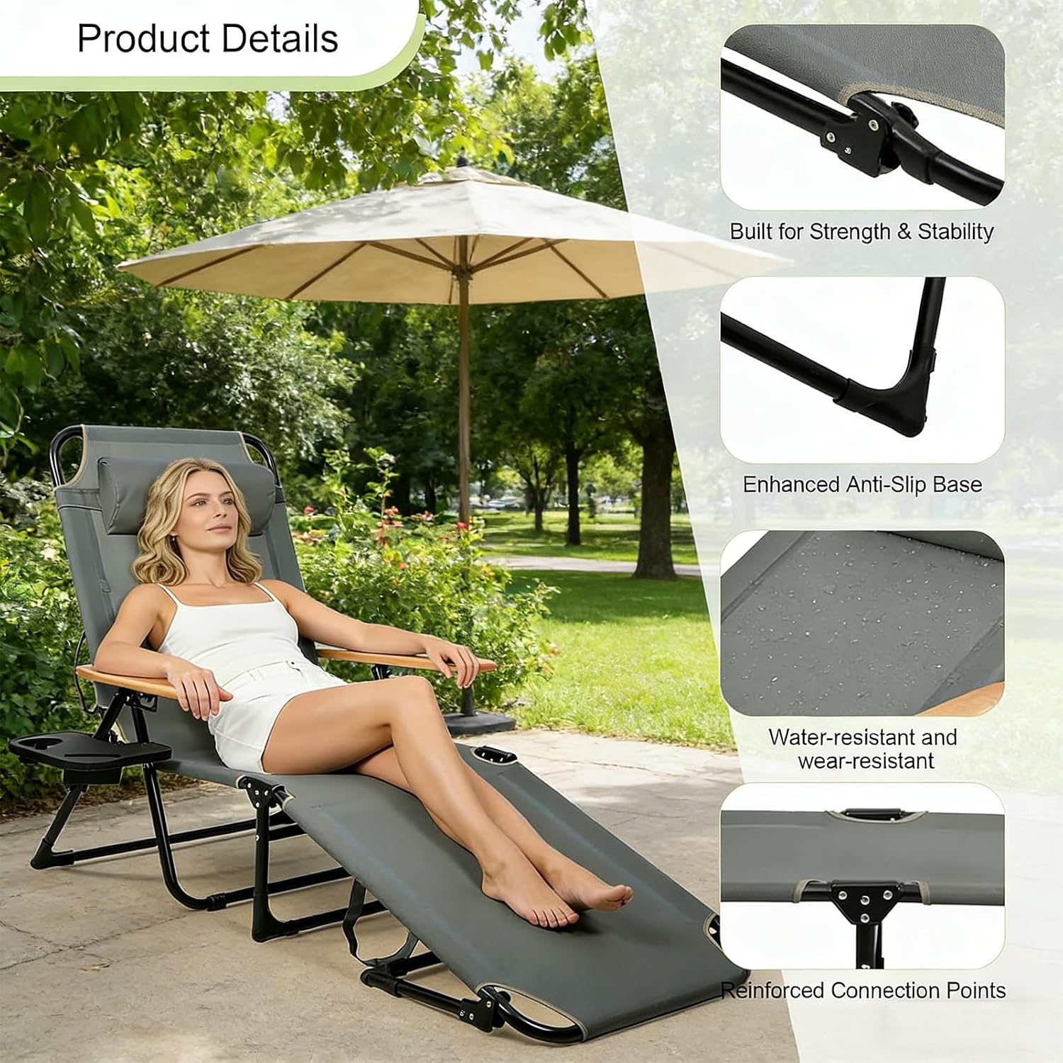 Folding Lounge Chairs for Outside, Patio Sun Tanning Chair with Sun Shade, 4 Position Beach Lounge Chair with Cup Holders & Wooden Armrests for Beach and Pool, Oxford Fabric, Beige
