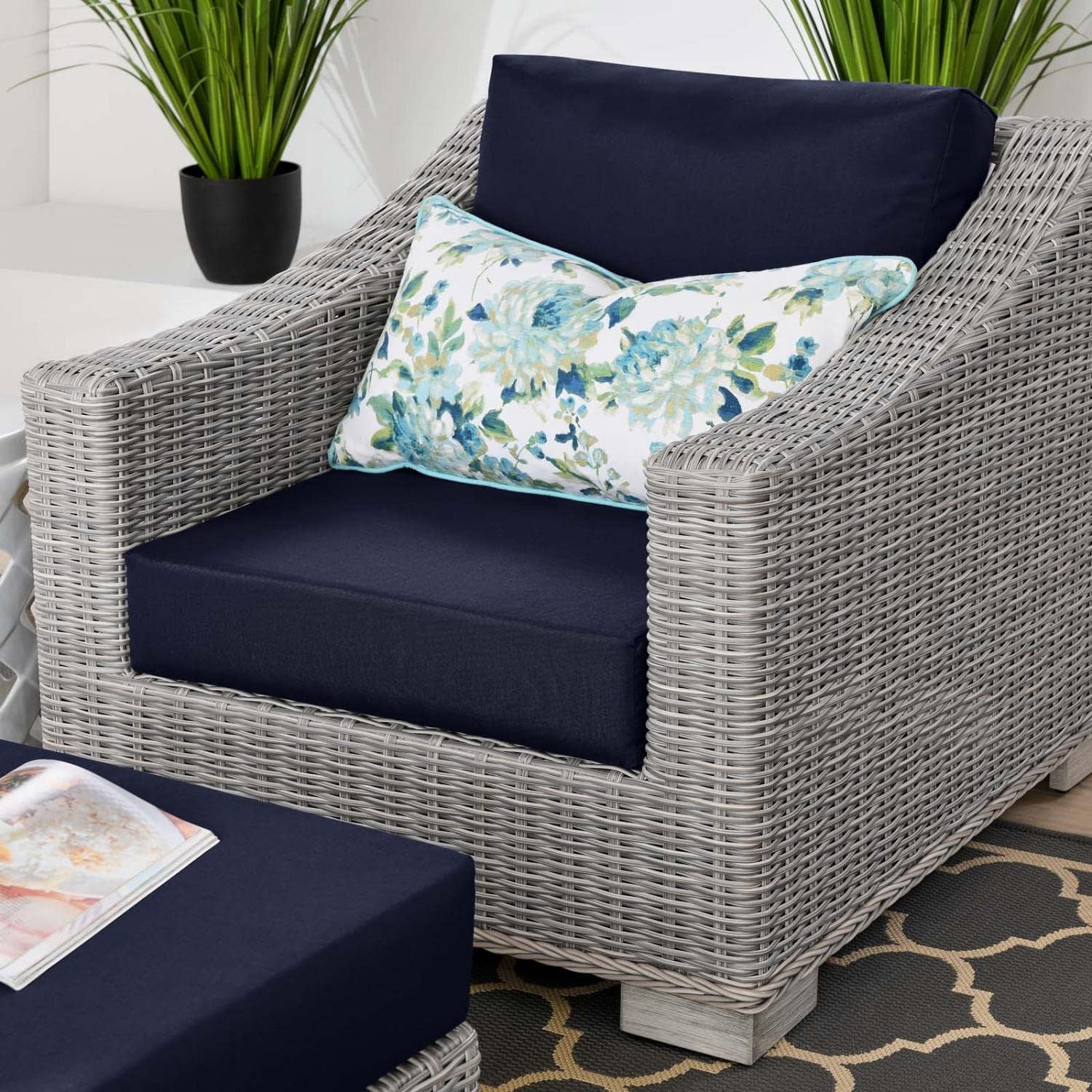 Modway Outdoor Patio Wicker Rattan 2-Piece Armchair and Ottoman Set in Light Gray Navy