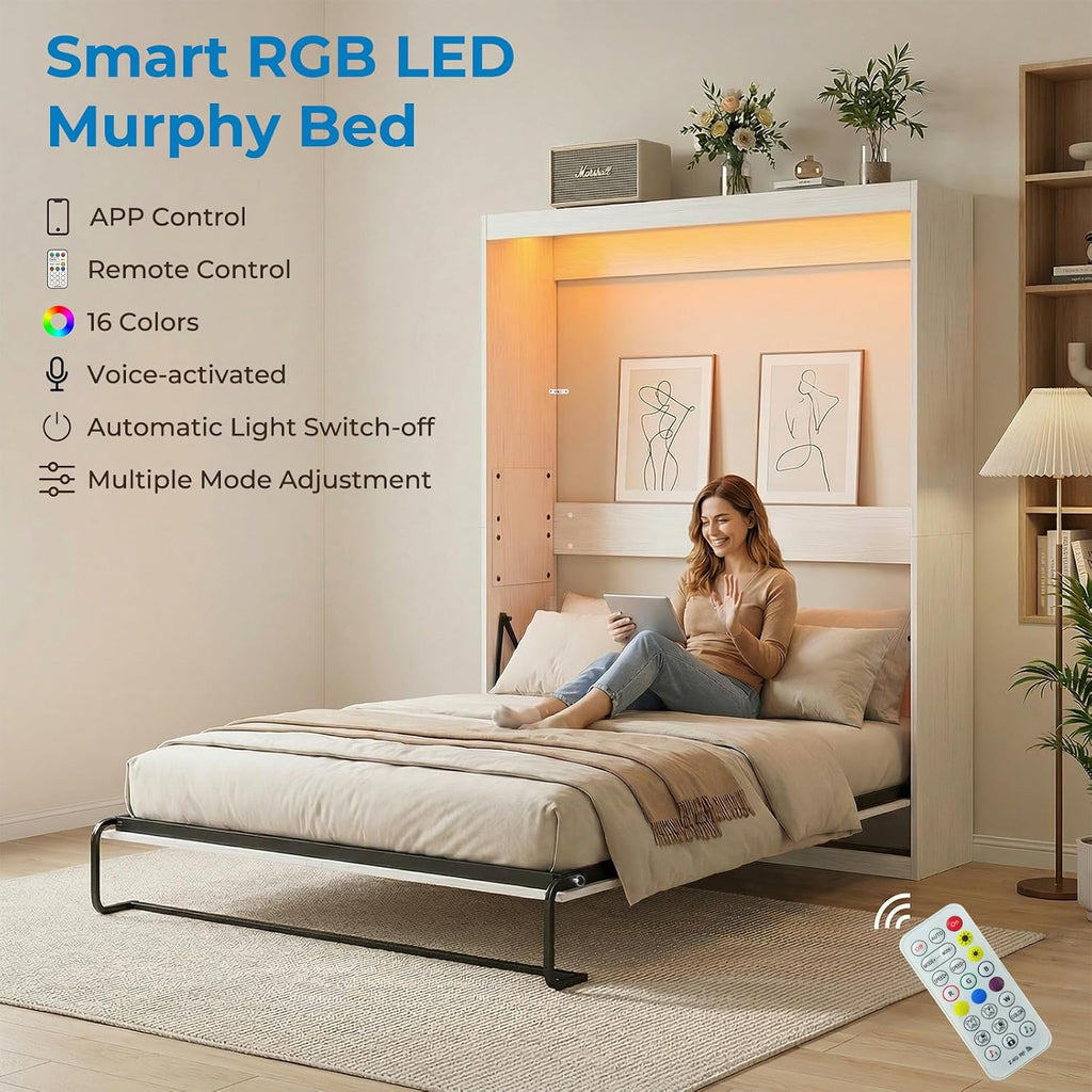 Mjkone Queen Murphy Bed, Cabinet Beds Queen Size, Modern Hidden Murphy Wall Chest Beds with Space-Saving Design, Adults Cabinet Guest Bed with 16 Colors of LED Lights for Bedroom, Apartment - White