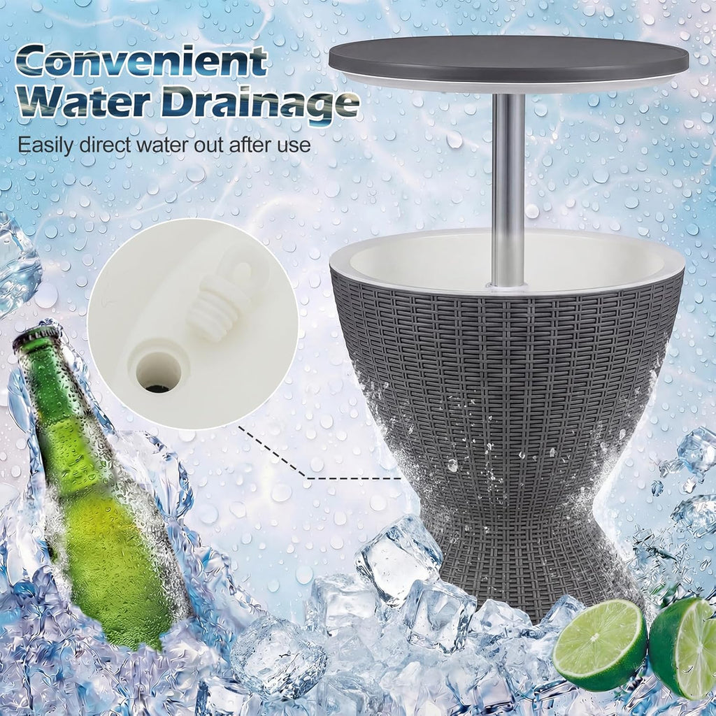 Giantex Outdoor Ice Cooler Side Table with Adjustable Height, 8 Gal Beverage Bucket with Drain Plug, Rattan Patio Bar Table for Poolside, Deck, BBQ & Backyard Parties