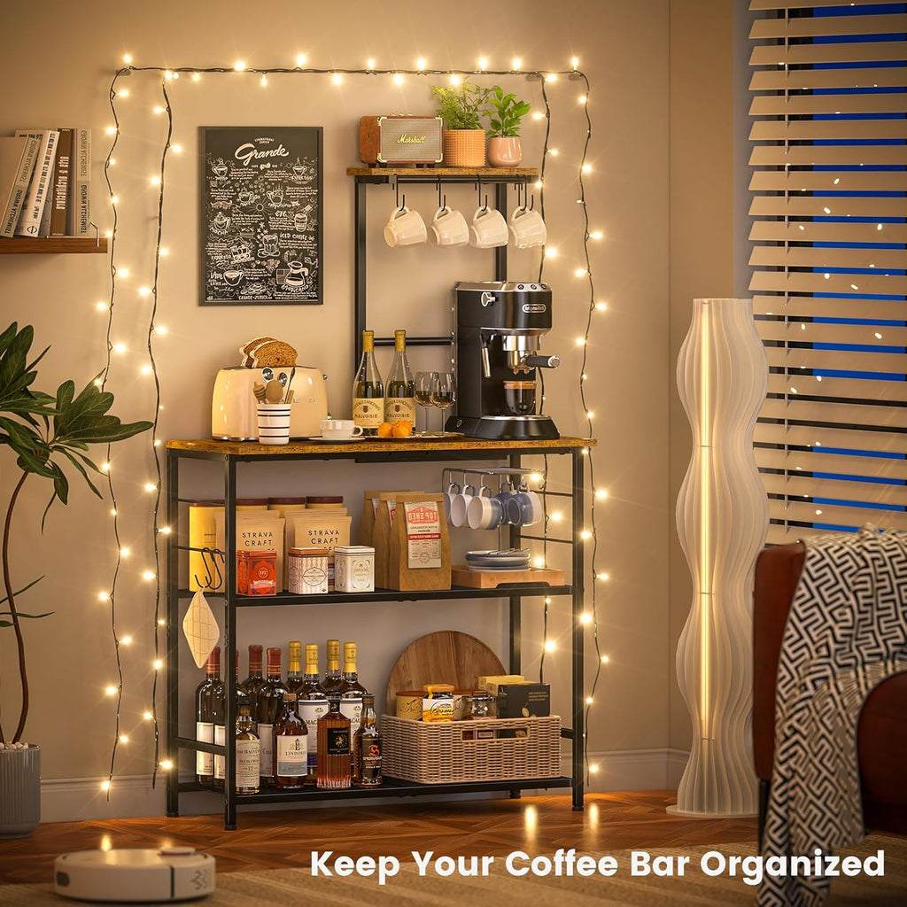 3IngSeagulls Bakers Rack with Storage, Kitchen Microwave Stand with Adjustable shelf and 6 S Hooks, 4-Tier Coffee Station Table, Kitchen Shelves for Spices, Pots, Rustic Brown