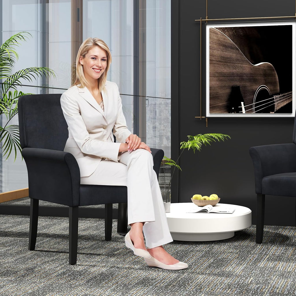 POWERSTONE Executive Accent Chair Set of 2 Fabric Guest Chair Office Chair Reception Waiting Room Armchair with Wooden Legs Single Sofa Home Theater Seating, Black