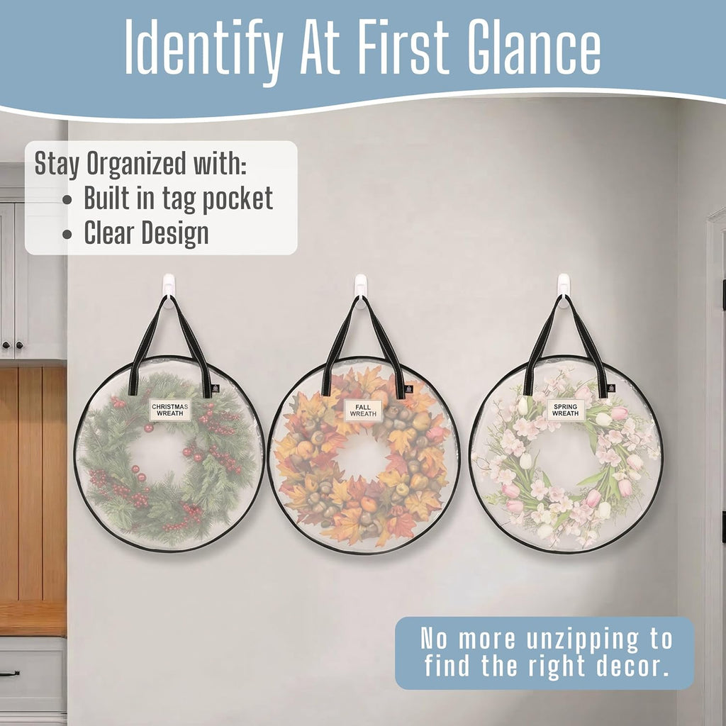 VENO 2 Pack Summer Wreath Storage Container, 24 Inch Clear Wreath Bag, Spring, Christmas Garland Decoration Organizers with Zipper and Durable Handles (Clear, 24"-2 Pack)