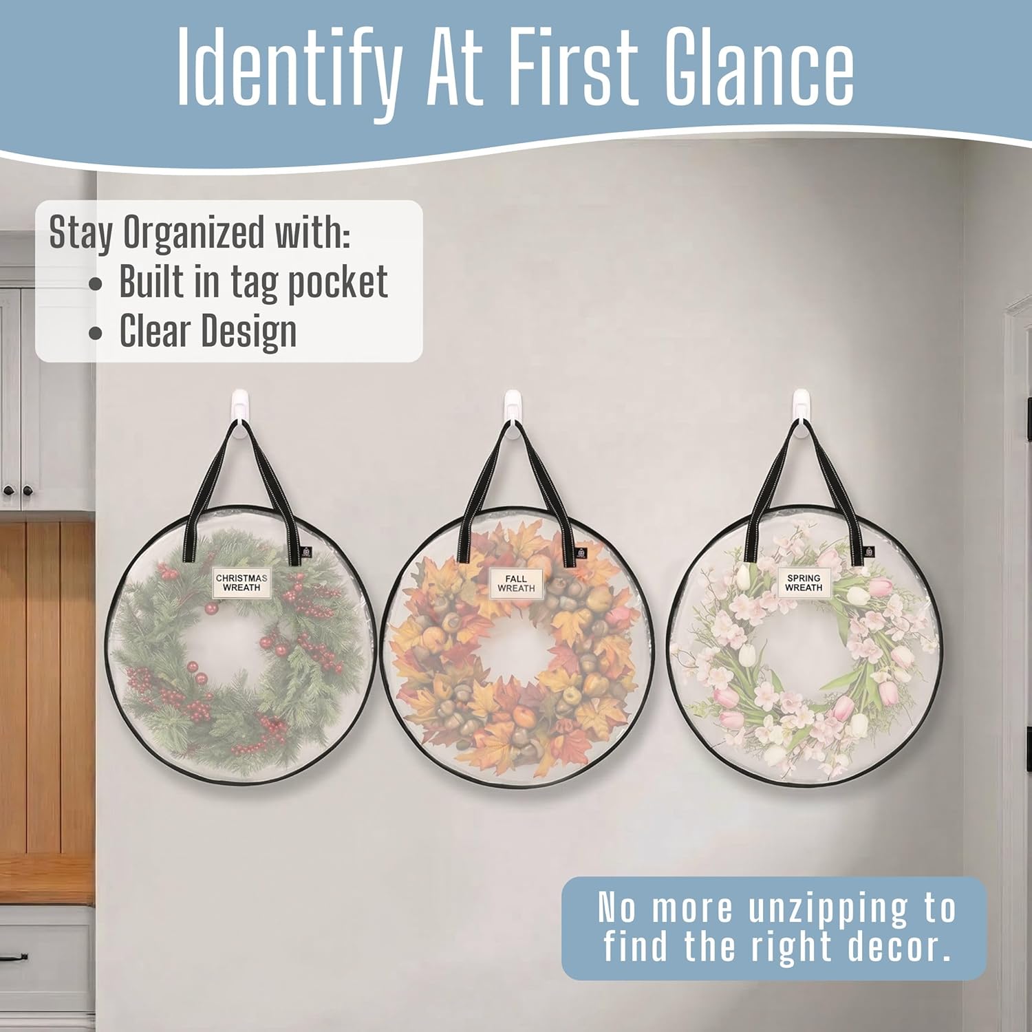 VENO 2 Pack Summer Wreath Storage Container, 24 Inch Clear Wreath Bag, Spring, Christmas Garland Decoration Organizers with Zipper and Durable Handles (Clear, 24"-2 Pack)