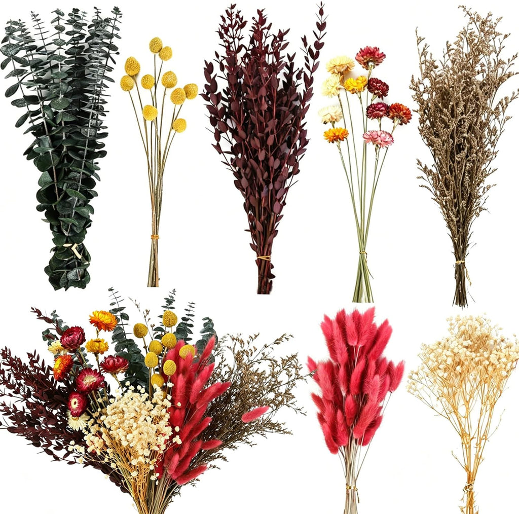 DIY Dried Flower Bouquet Kit, Large Mixed Flowers Assortment - Eucalyptus, Babys Breath, Craspedia, Bunny Tails, Bulk Natural Florals for Wedding Centerpieces, Boho Home Decor, Craft Projects