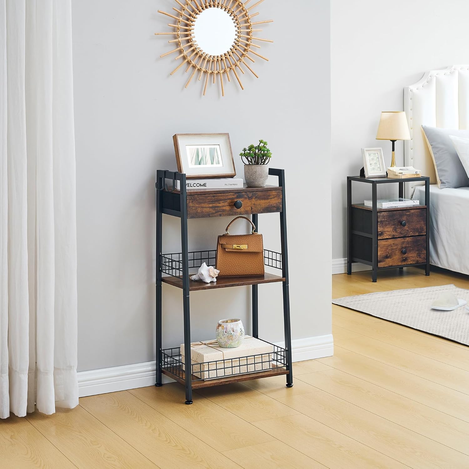 Gewudraw 3-Tier Ladder Shelf with Drawer, Bathroom Table Stand for Small Space, Bathroom Standing Shelves with Storage for Living Room Bedroom Kitchen, Organizer Shelf, Rustic Brown