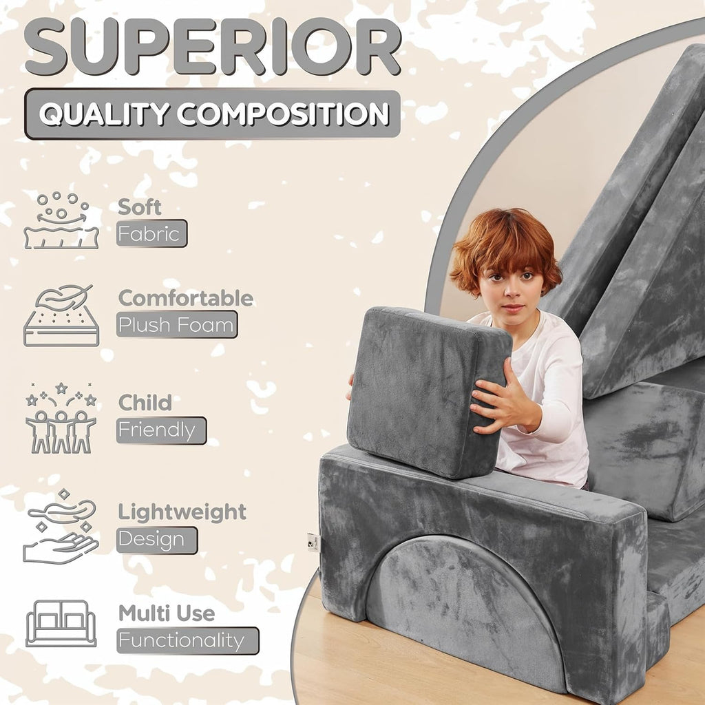 Contour Comfort Kids Couch 14 PC Modular Kids Play Couch Set – Convertible Sofa with Soft Foam Sofa Cushions | Fort Kid Play Room Furniture, Grey
