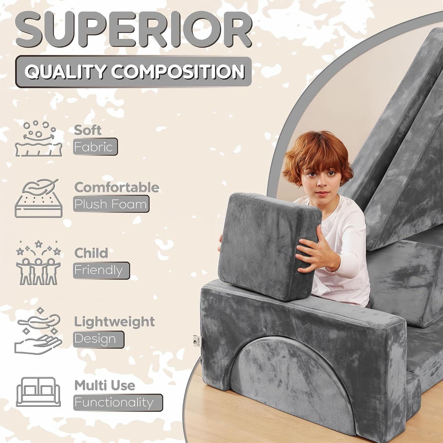 Contour Comfort Kids Couch 14 PC Modular Kids Play Couch Set – Convertible Sofa with Soft Foam Sofa Cushions | Fort Kid Play Room Furniture, Grey