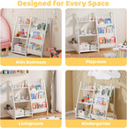 Kids Bookshelf and Toy Storage Organizer, 3-Tier Metal Toddler Bookcase with Deep Pockets, 2-in-1 Freestanding Nursery Bookshelf for Playroom, 29.53" D x 11.81" W x 32.68" H, White
