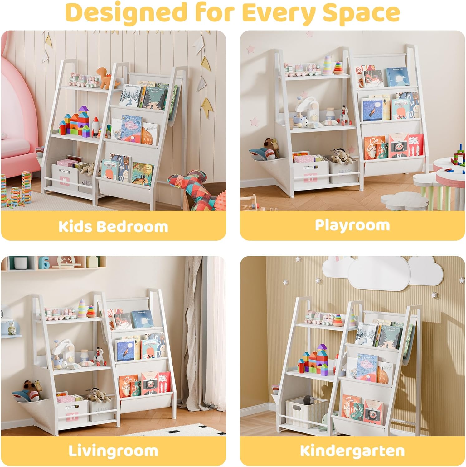 Kids Bookshelf and Toy Storage Organizer, 3-Tier Metal Toddler Bookcase with Deep Pockets, 2-in-1 Freestanding Nursery Bookshelf for Playroom, 29.53" D x 11.81" W x 32.68" H, White